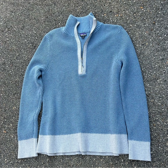Patagonia Ponderosa Pine Sweater Waffle Knit 1/4 Zip Blue Womens M Worn Wear - Picture 2 of 7